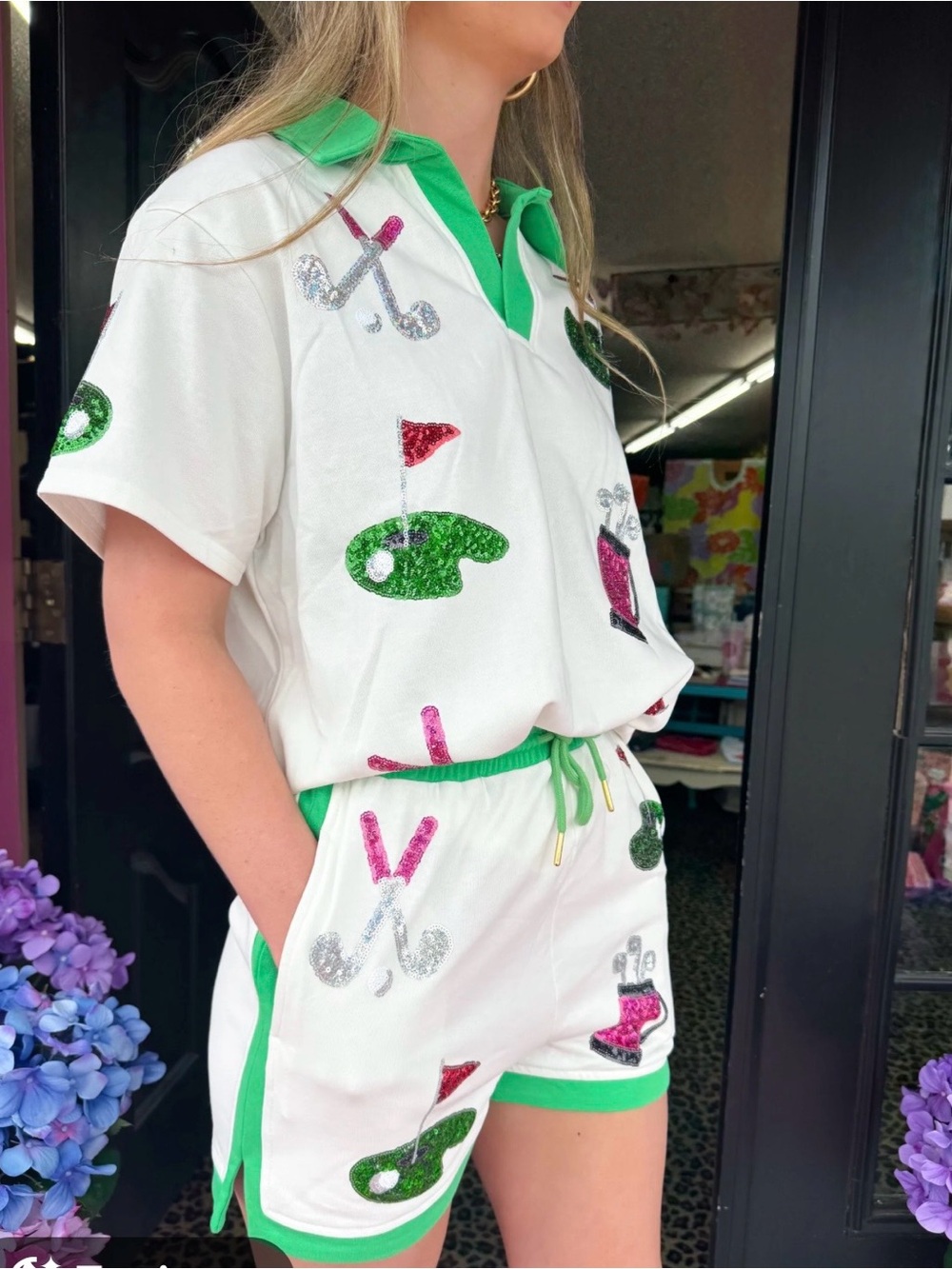 Two piece golf Set White Shorts with Green Trim and Sequin Golf Motifs